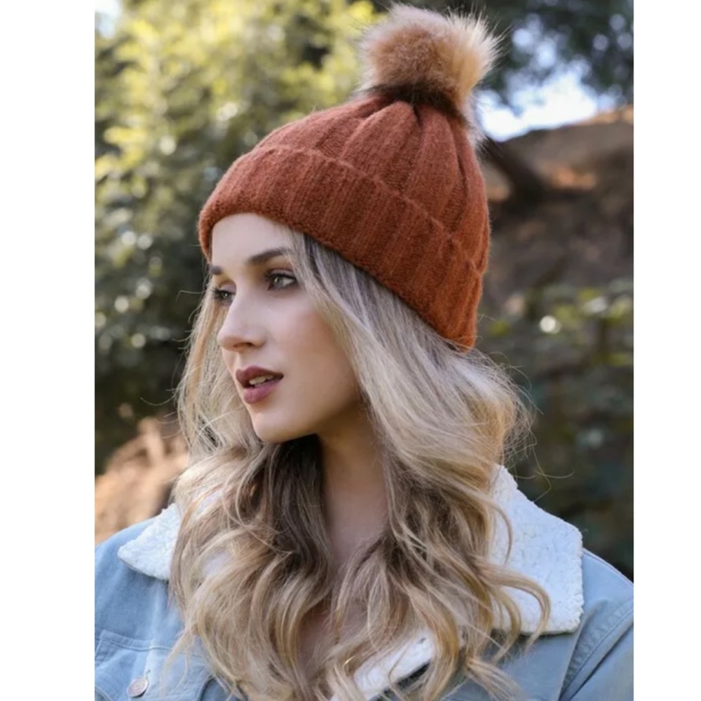 Rust Soft Knit Faux Fur Pompom Beanie - Picture 1 of 3